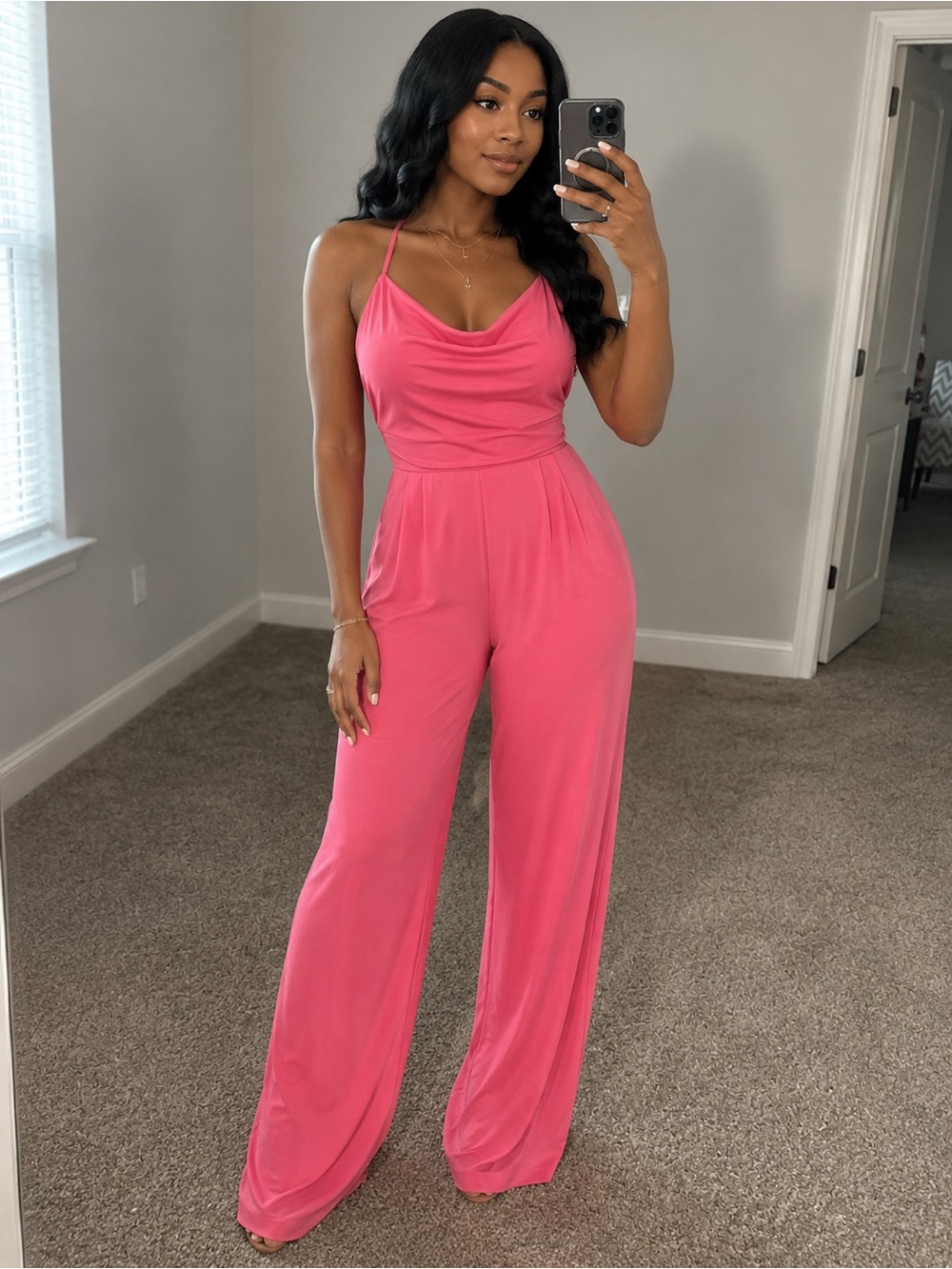 Haute Monde Pink Cowl-Neck Wide Leg Jumpsuit
